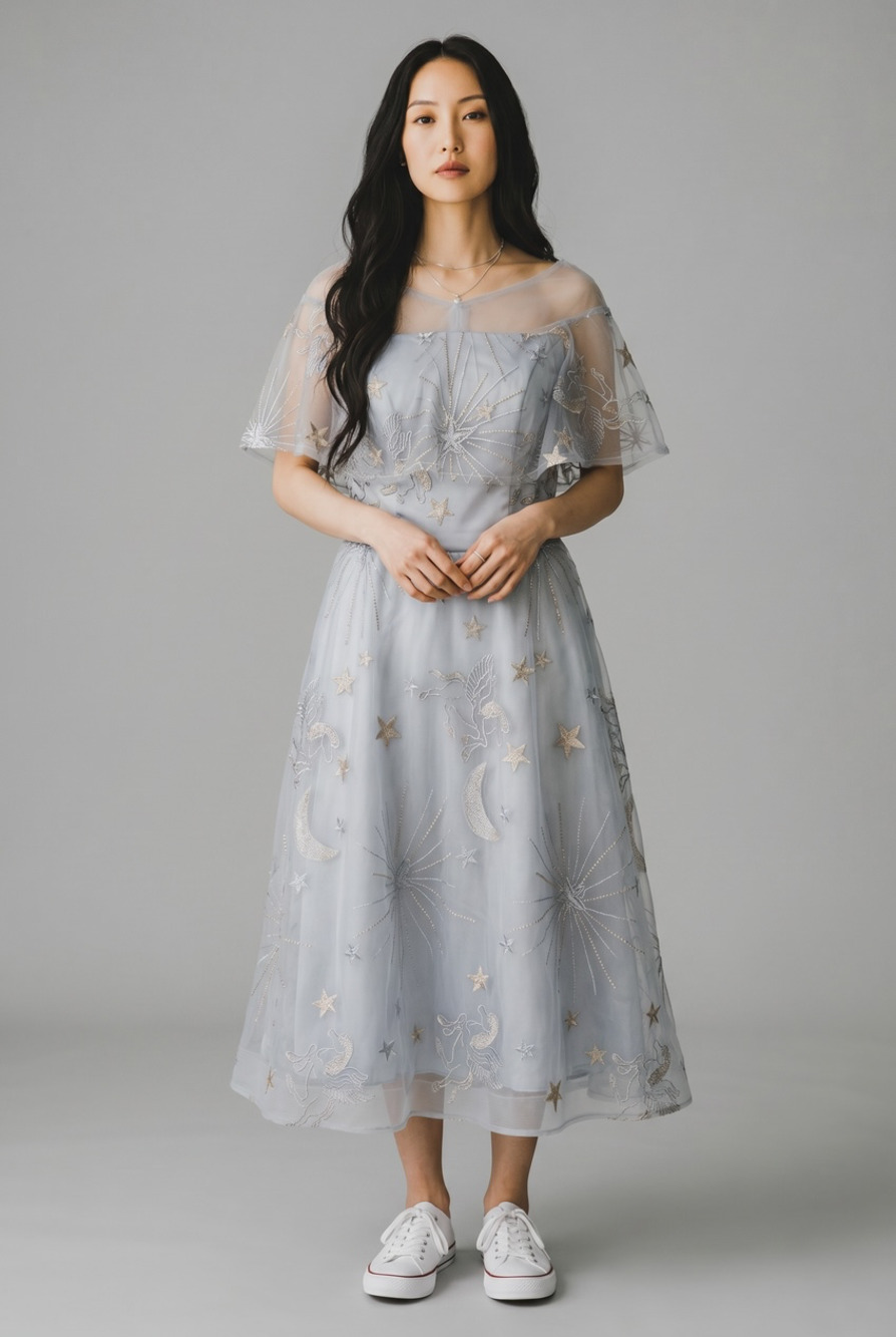 Celestial Pegasus Star Moon Embroidered Tulle Party Dress Gray M NWT